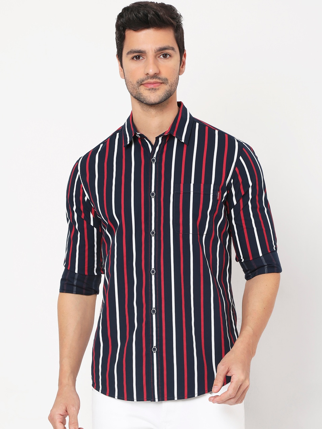

Mufti Men Navy Blue Slim Fit Opaque Striped Casual Shirt