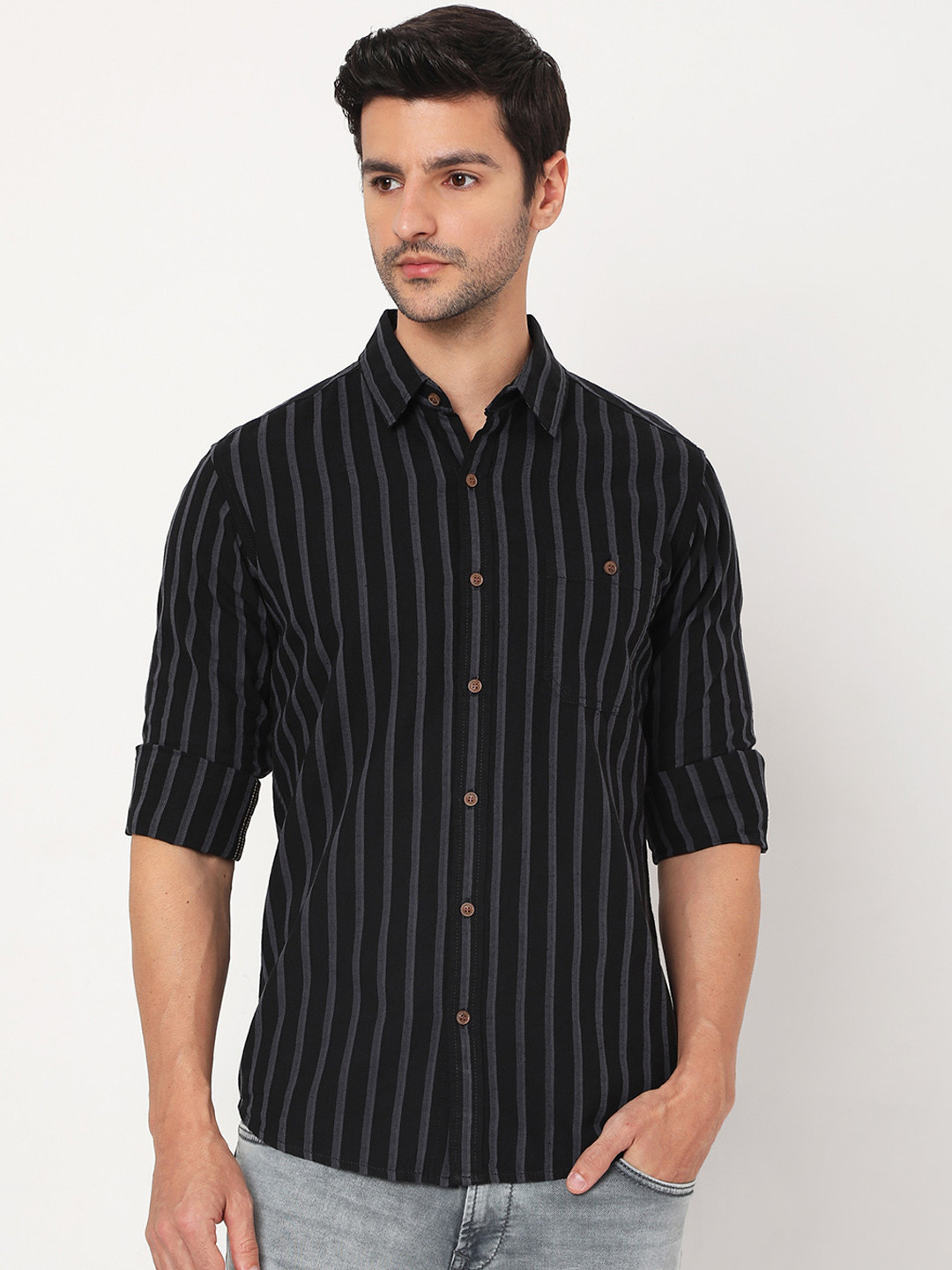 

Mufti Men Black Slim Fit Opaque Striped Casual Shirt