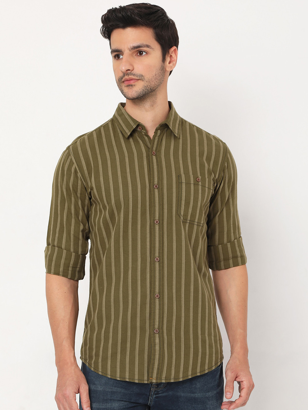 

Mufti Men Olive Green Slim Fit Opaque Striped Casual Shirt
