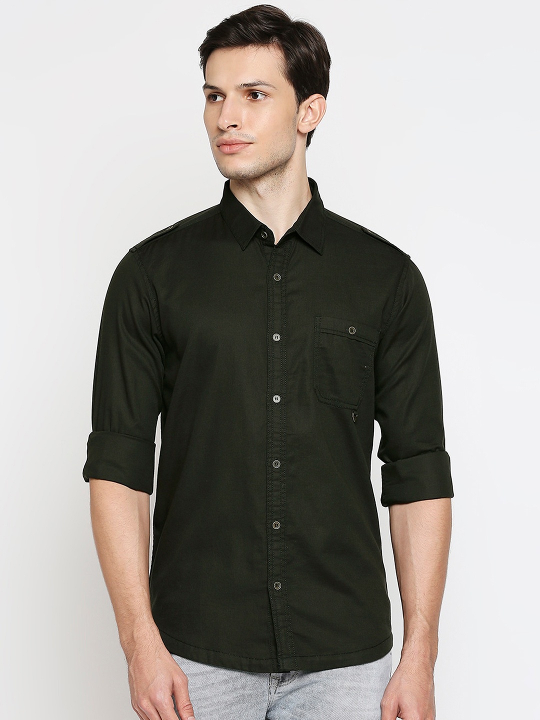

Mufti Men Olive Green Slim Fit Opaque Casual Shirt