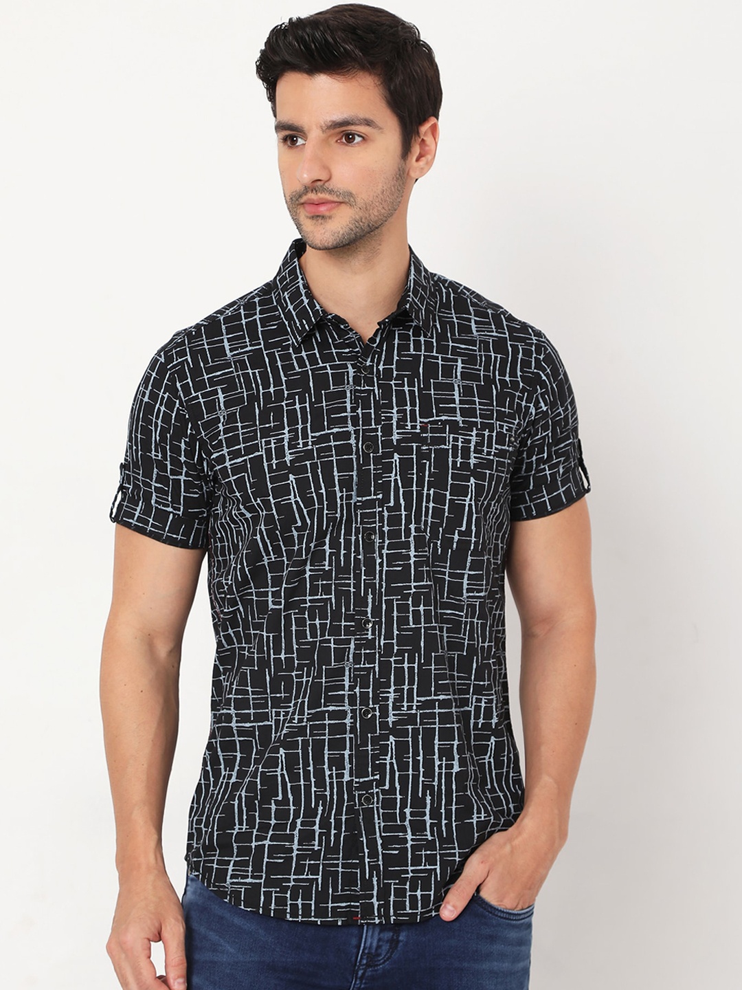 

Mufti Men Black Slim Fit Opaque Printed Casual Shirt