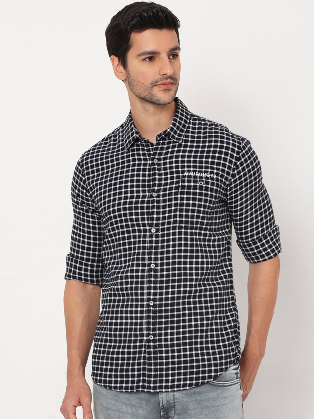 

Mufti Men Black Slim Fit Gingham Checked Casual Shirt