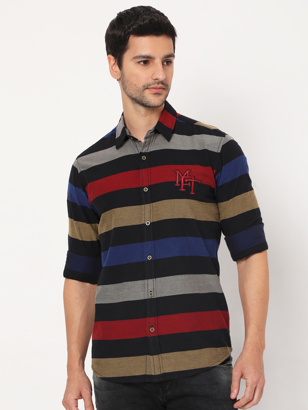 

Mufti Men Black Slim Fit Horizontal Striped Casual Shirt