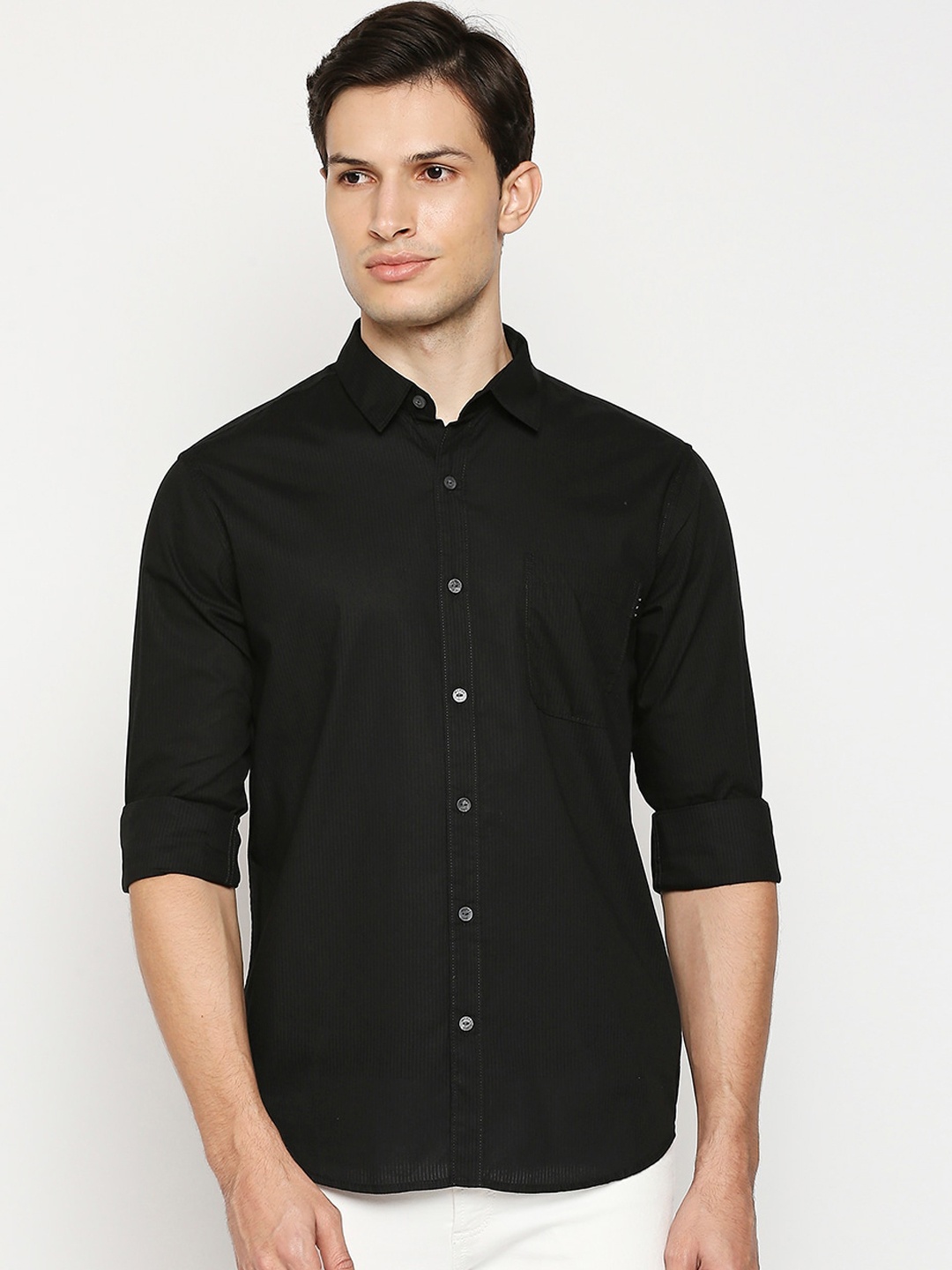 

Mufti Men Black Slim Fit Opaque Striped Casual Shirt