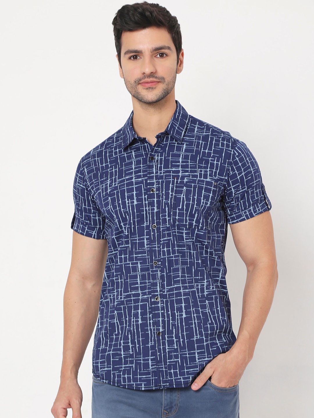 

Mufti Men Navy Blue Slim Fit Opaque Printed Casual Shirt