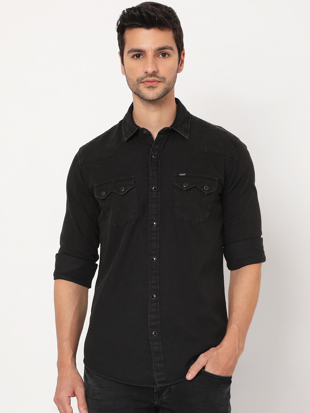 

Mufti Men Black Slim Fit Opaque Pure Cotton Casual Shirt