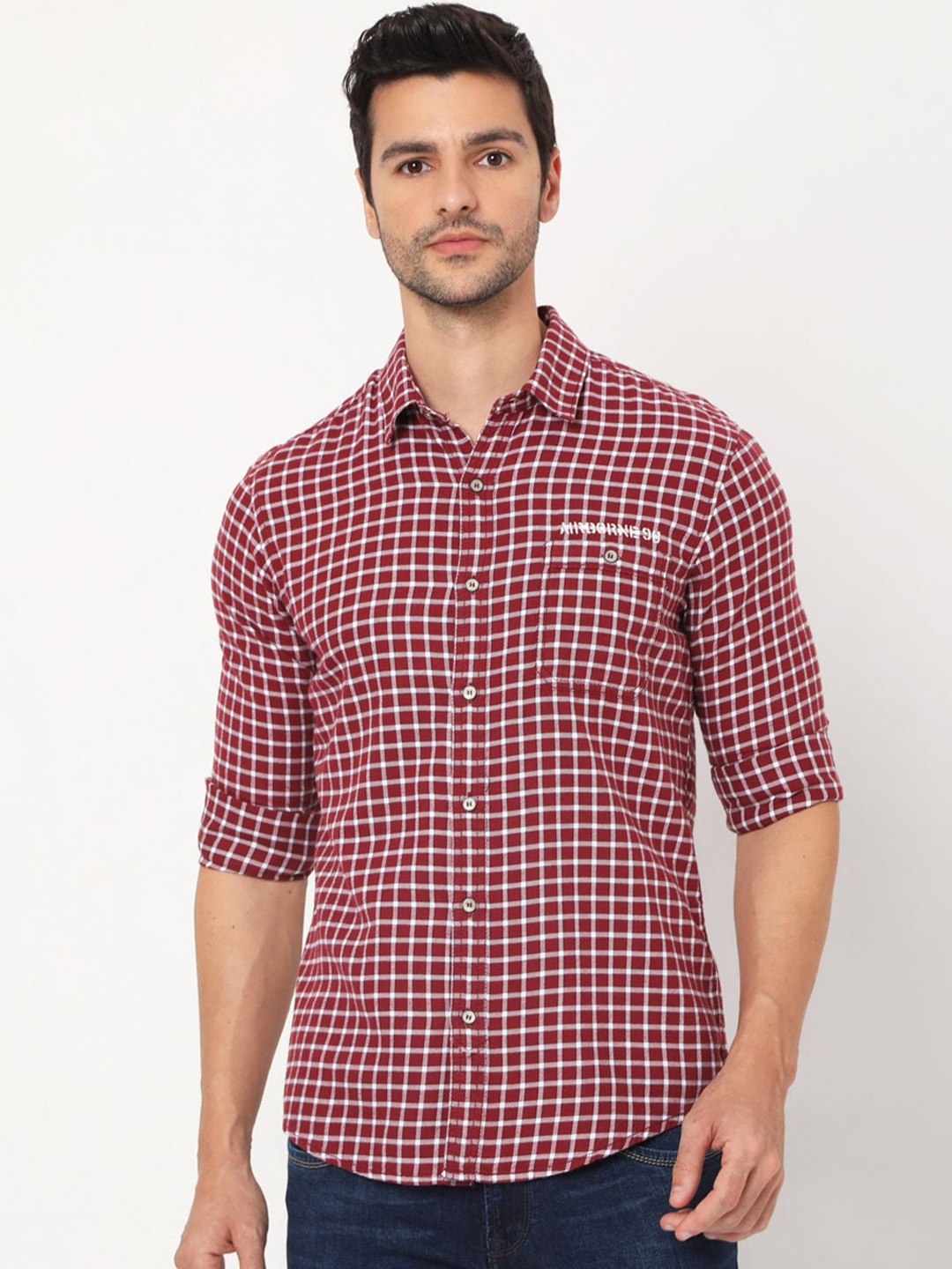 

Mufti Men Red Slim Fit Gingham Checks Opaque Checked Casual Shirt