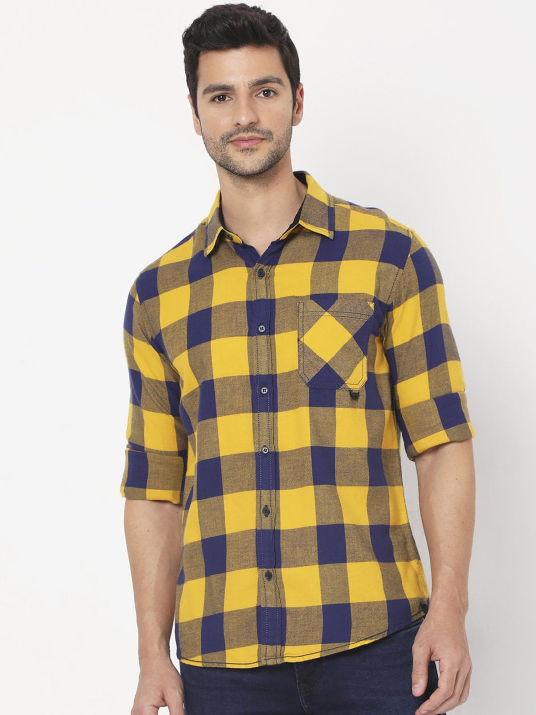 

Mufti Men Yellow Slim Fit Buffalo Checks Opaque Checked Casual Shirt