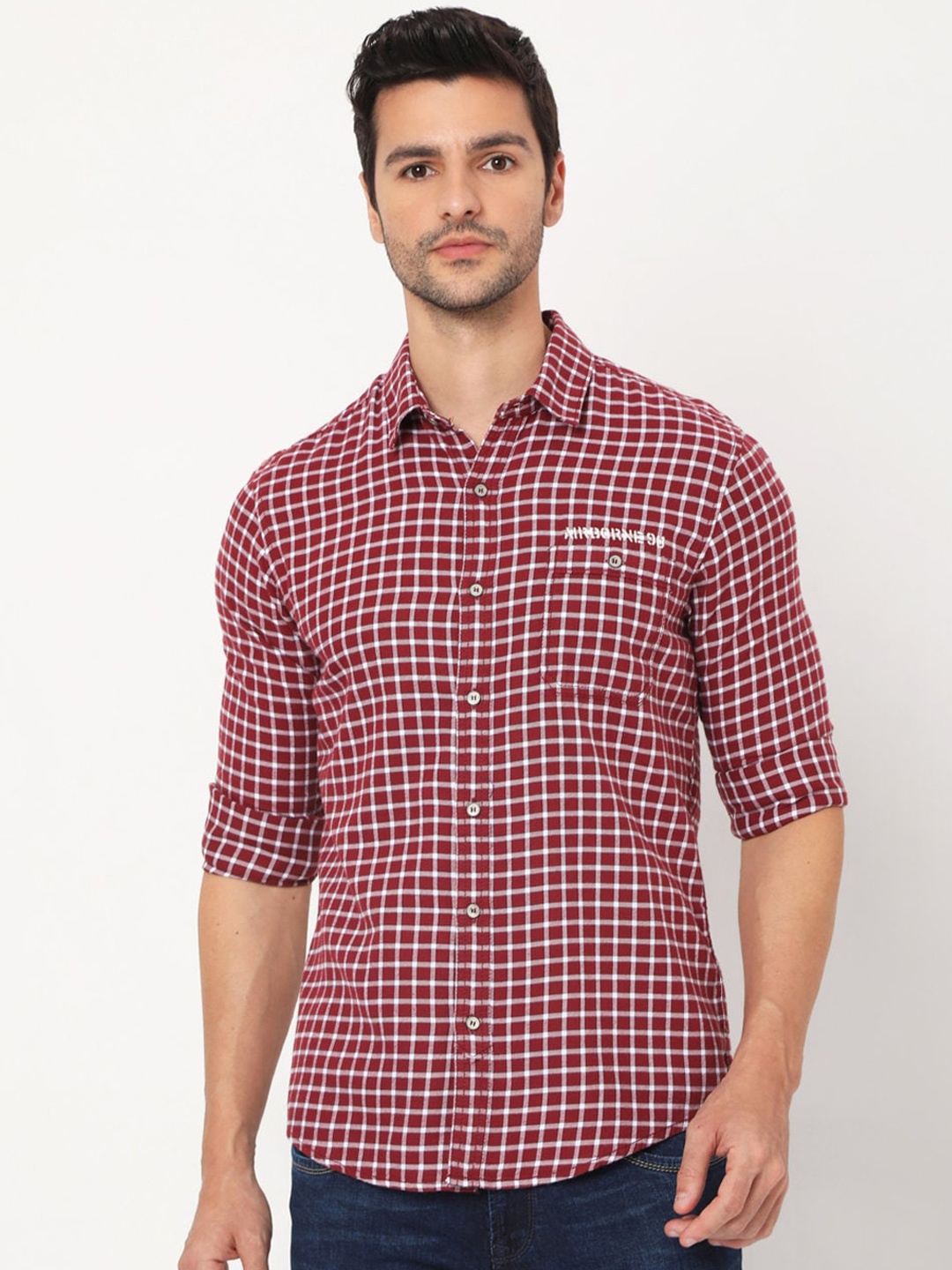 

Mufti Men Burgundy & White Slim Fit Opaque Checked Pure Cotton Casual Shirt