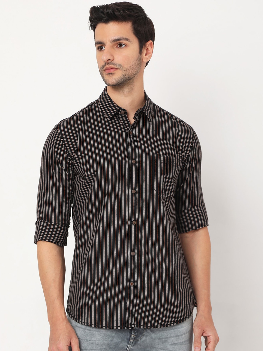 

Mufti Men Black Slim Fit Opaque Striped Casual Shirt