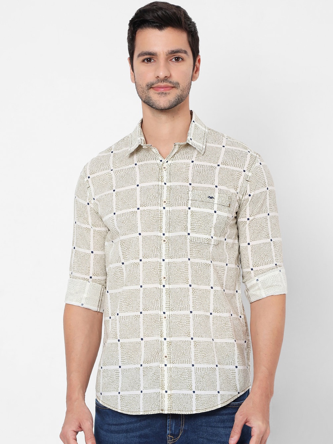 

Mufti Men Olive Green & White Slim Fit Windowpane Checks Printed Casual Shirt