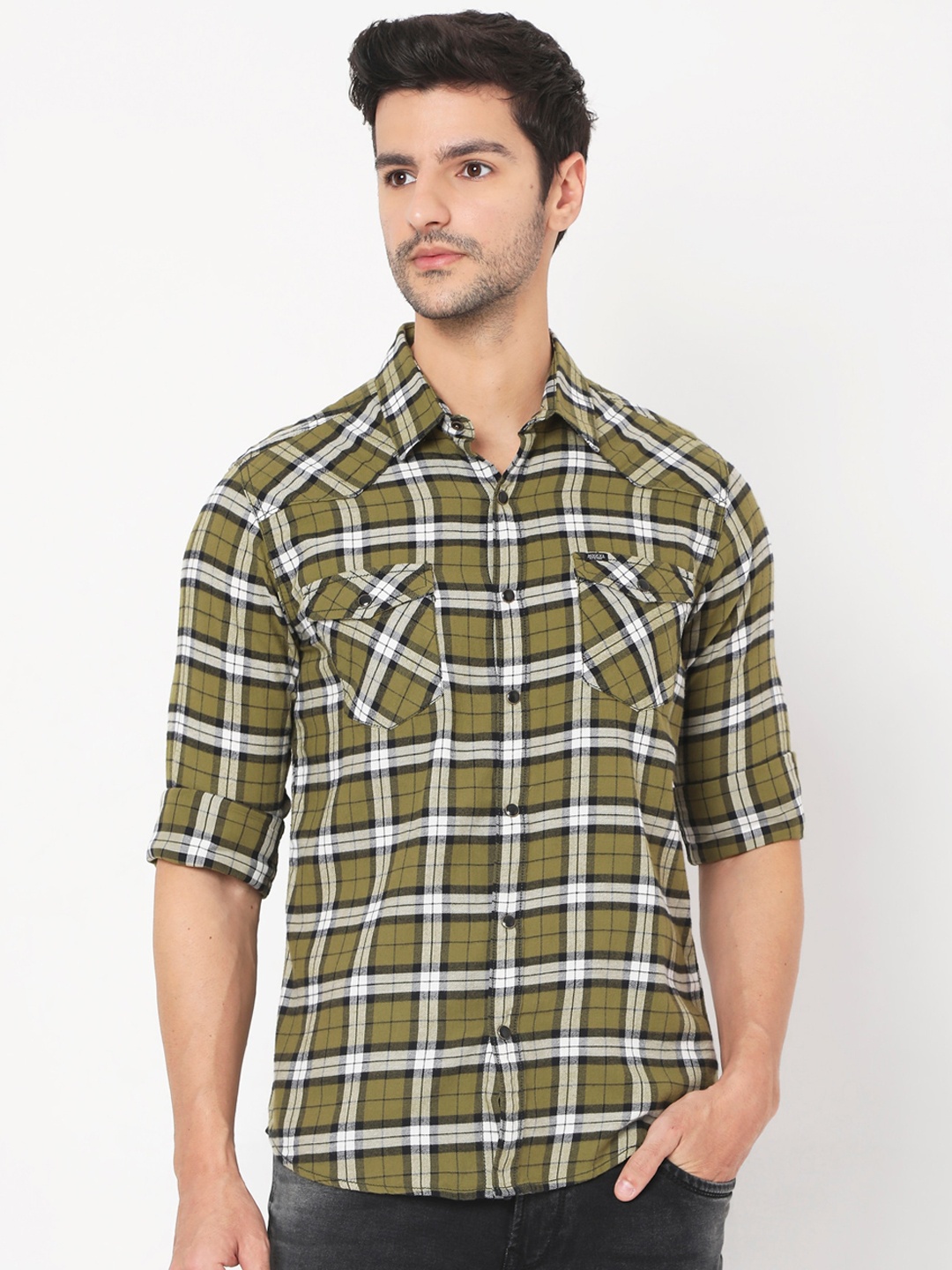 

Mufti Men Olive Green Slim Fit Tartan Checks Opaque Checked Casual Shirt