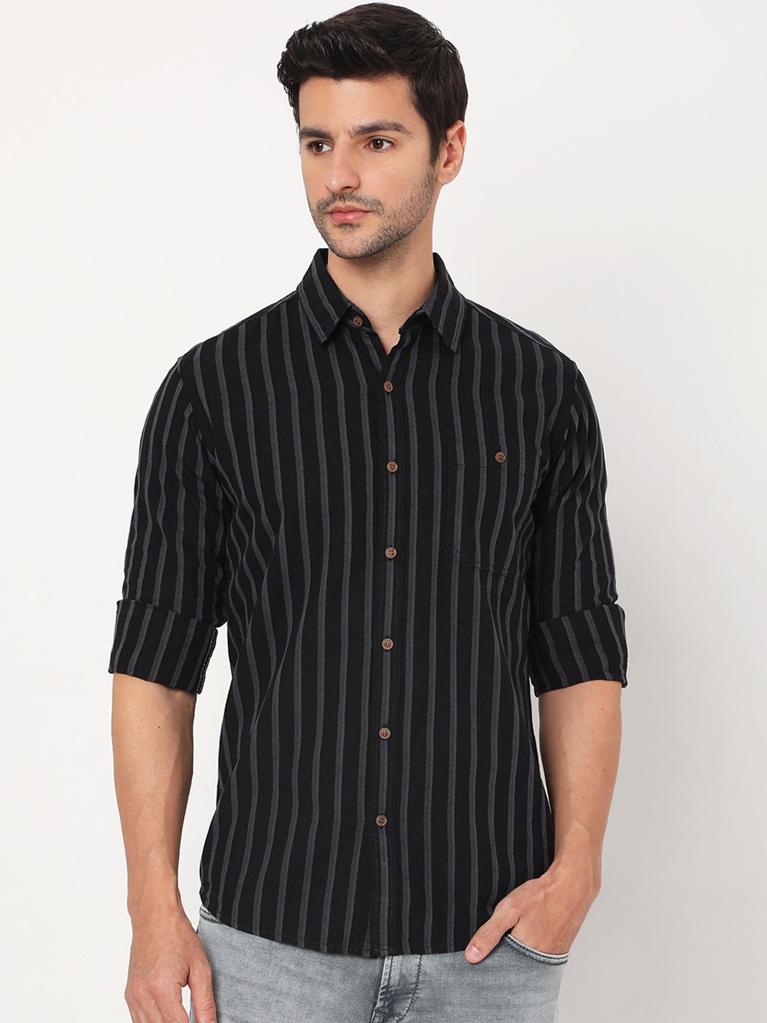 

Mufti Men Black Slim Fit Opaque Striped Casual Shirt