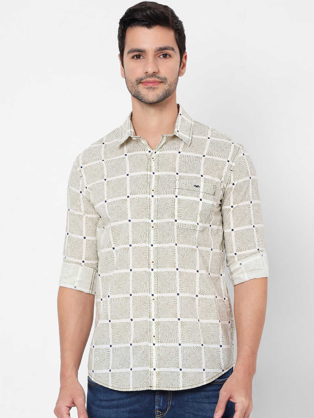 

Mufti Men Beige Slim Fit Windowpane Checks Opaque Printed Casual Shirt