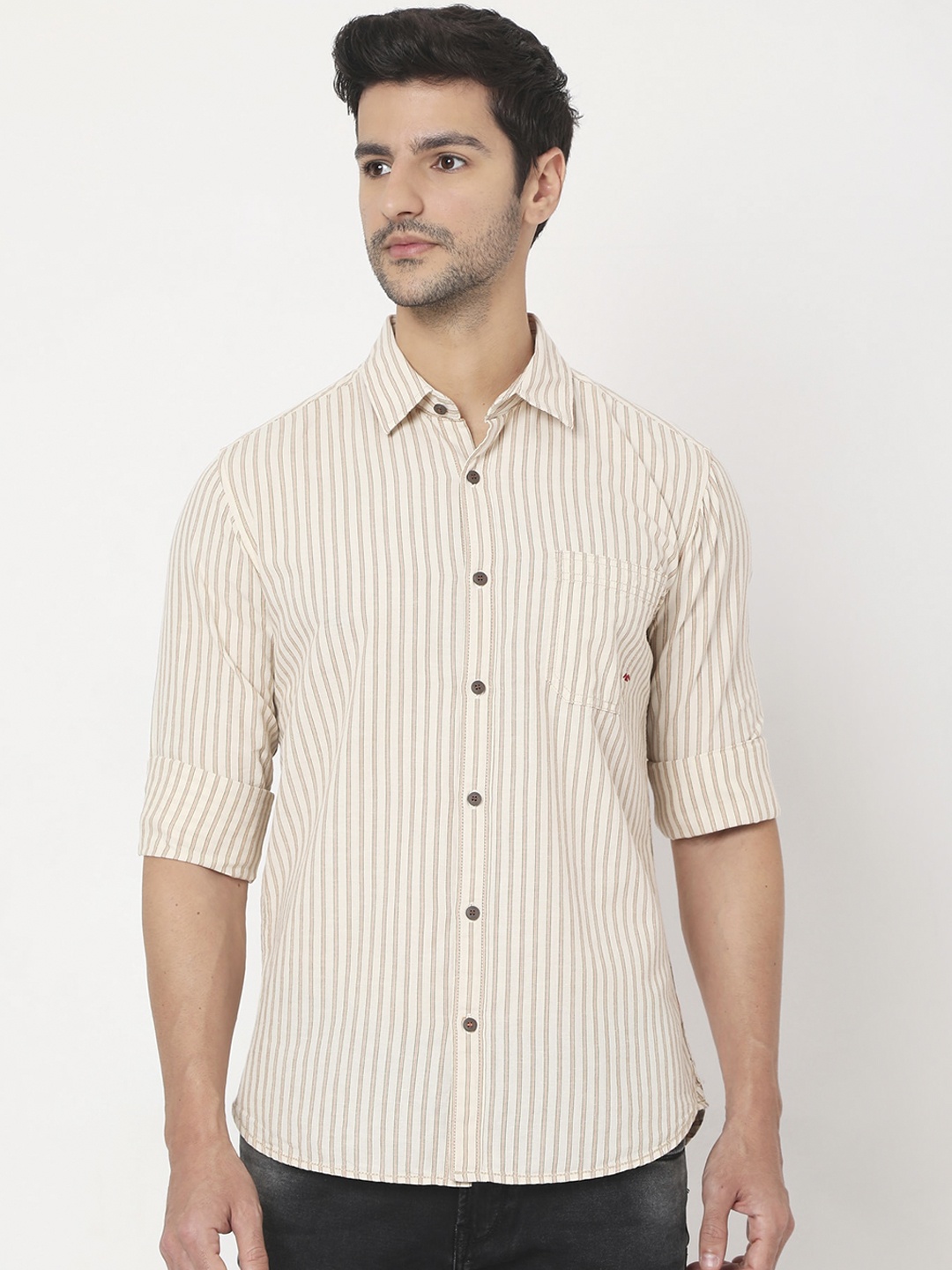 

Mufti Men Beige Slim Fit Opaque Striped Casual Shirt