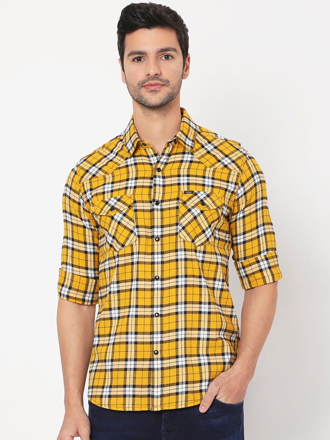 

Mufti Men Mustard Yellow & White Slim Fit Opaque Checked Pure Cotton Casual Shirt