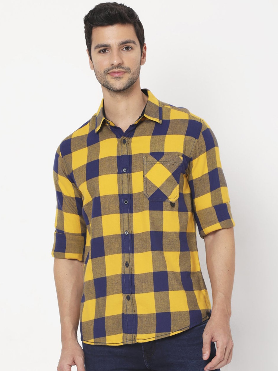 

Mufti Men Yellow & Blue Slim Fit Buffalo Checked Casual Shirt