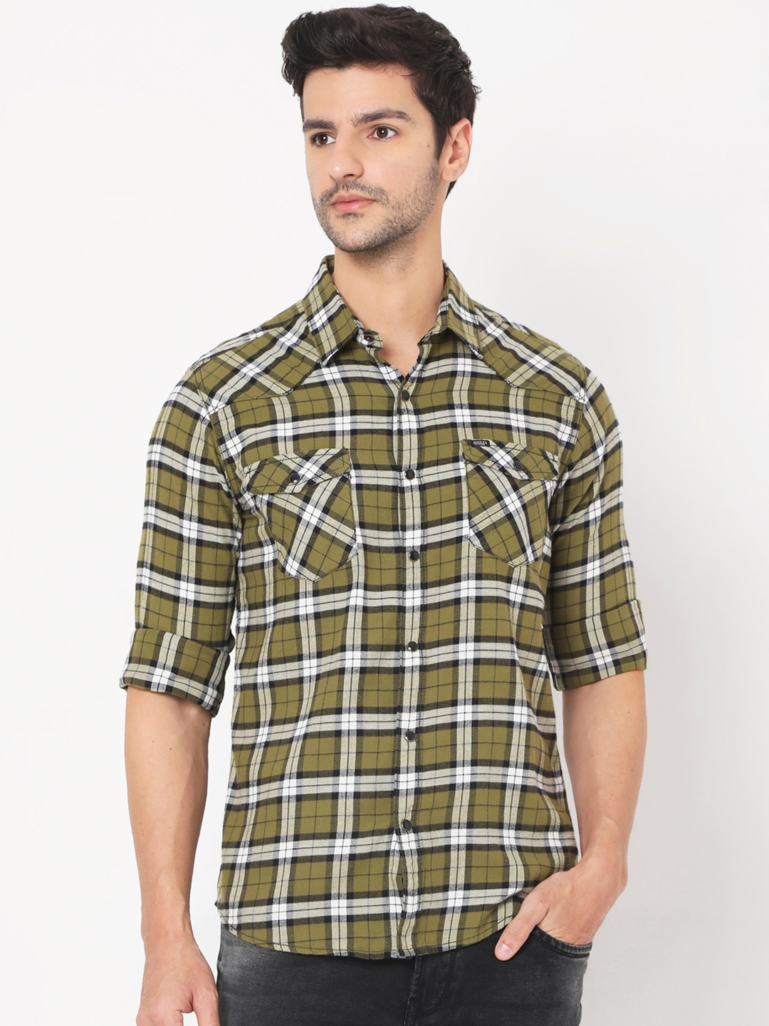 

Mufti Men Olive Green Slim Fit Tartan Checks Opaque Checked Casual Shirt