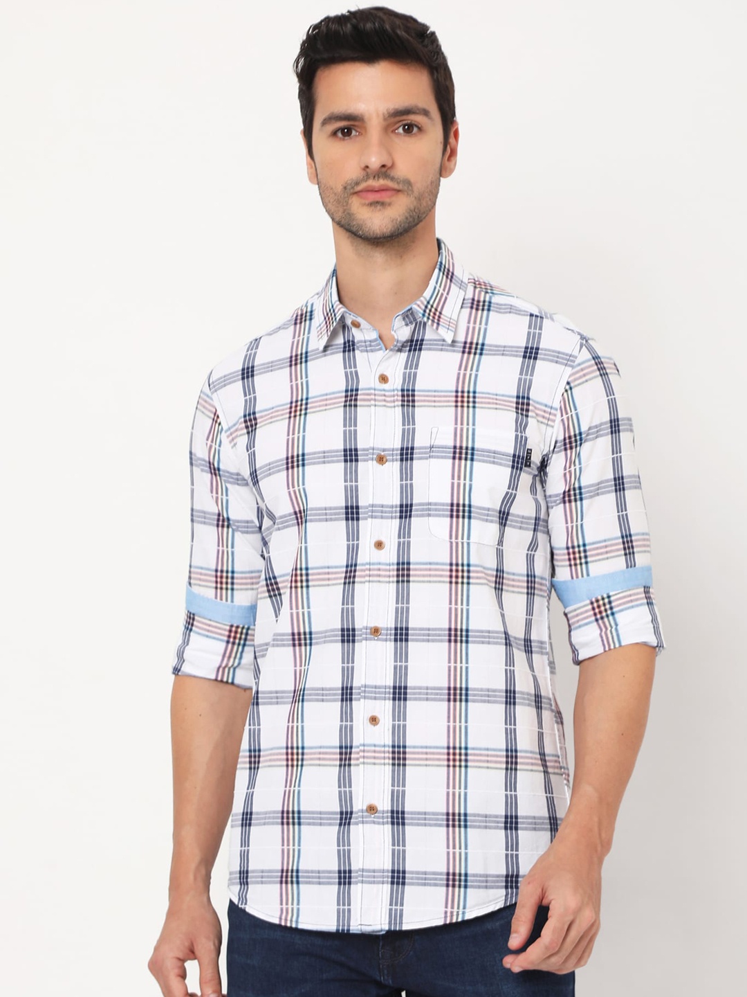

Mufti Men White Slim Fit Opaque Checked Casual Shirt