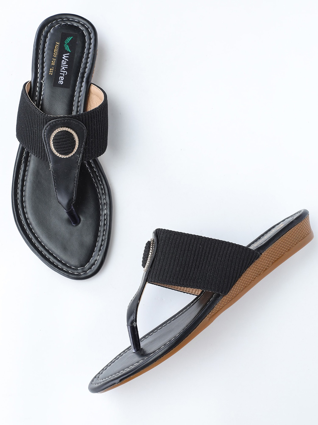 

Walkfree Women Black Textured T-Strap Flats