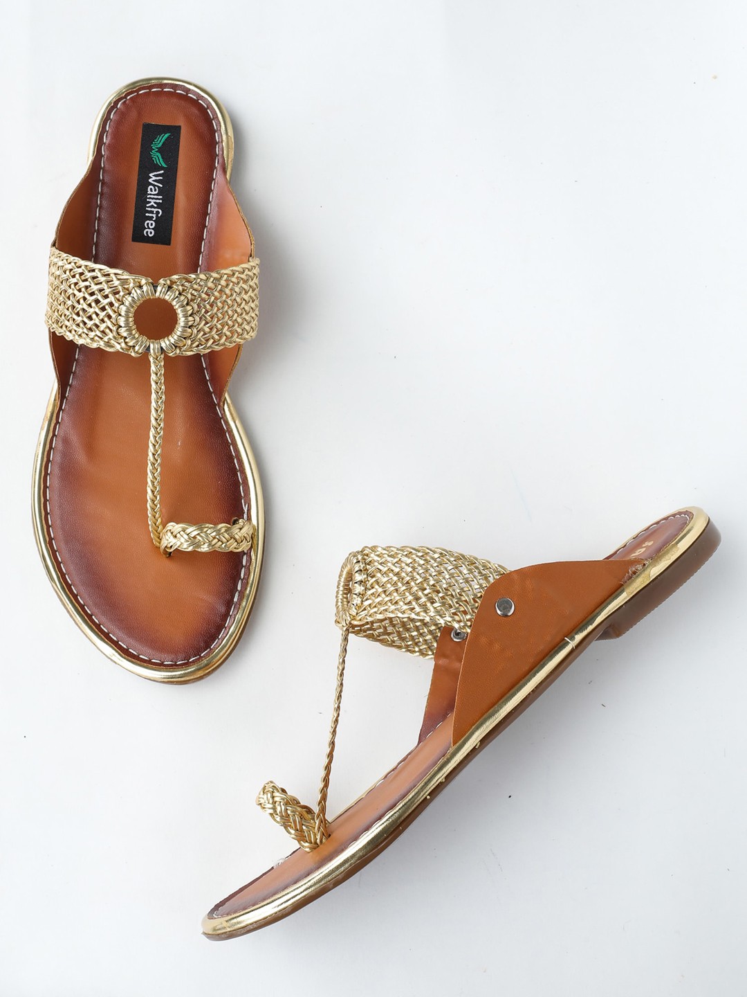 

Walkfree Women Gold-Toned One Toe Kolhapuri Flats with Laser Cuts
