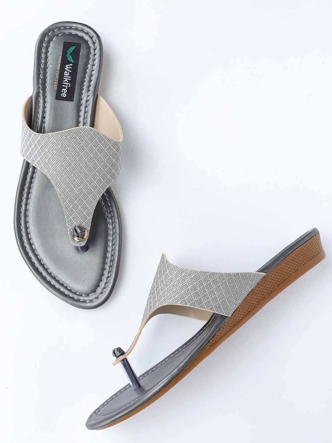 

Walkfree Women Silver-Toned Textured T-Strap Flats
