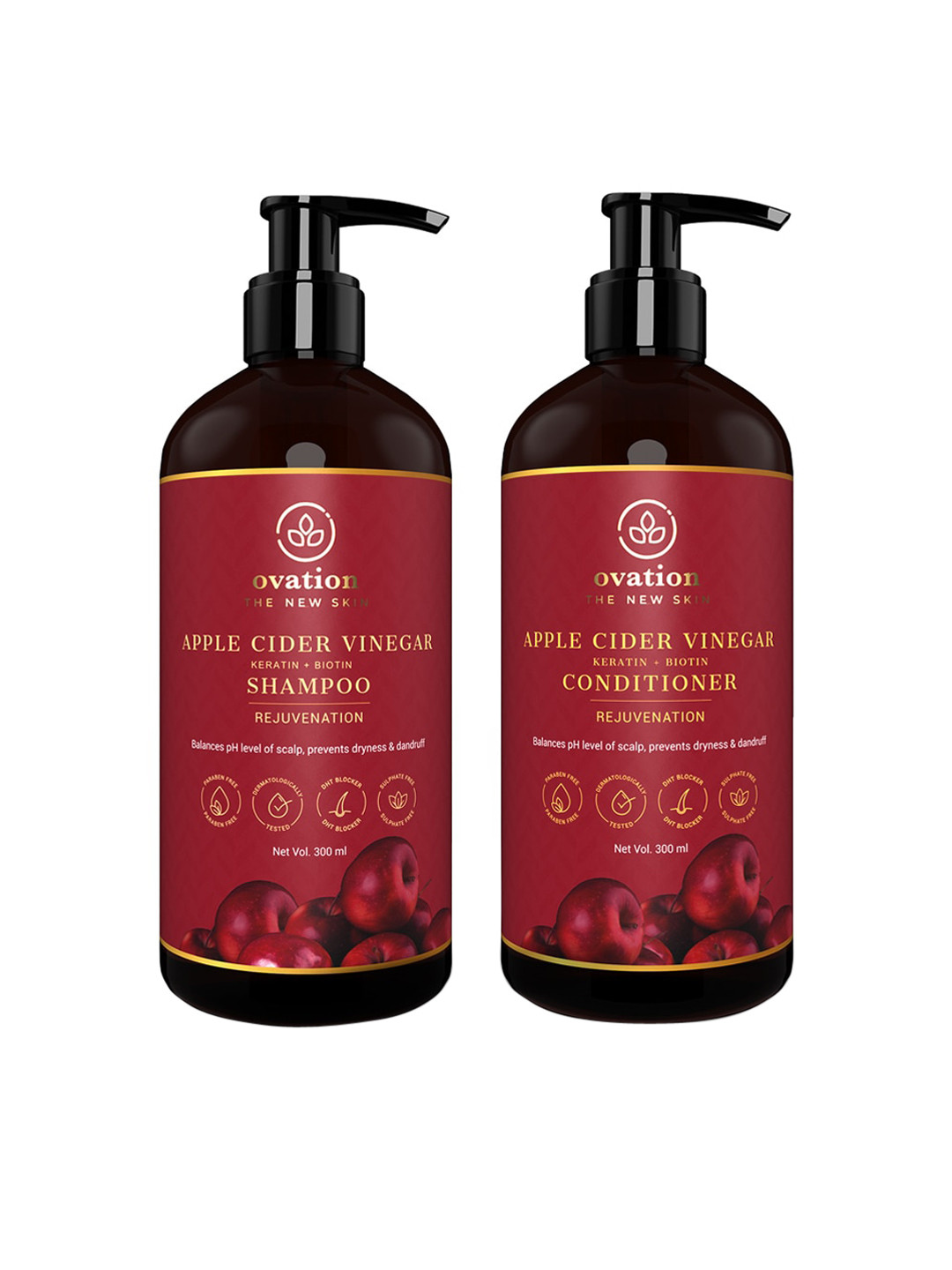 

ovation The Recharge Kit - Apple Cider Vinegar Keratin Biotin Shampoo & Conditioner 600 ml, Maroon