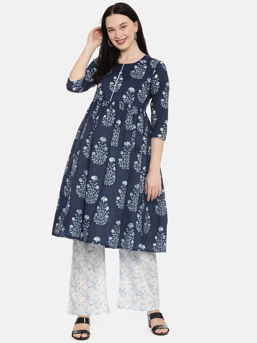 

The Mom Store Women Navy Blue Floral Printed Maternity and Nursing Kurti with Palazzos