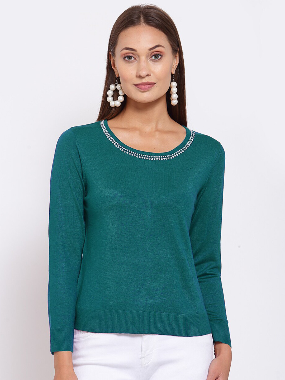 

KLOTTHE Women Green & White Wool Pullover