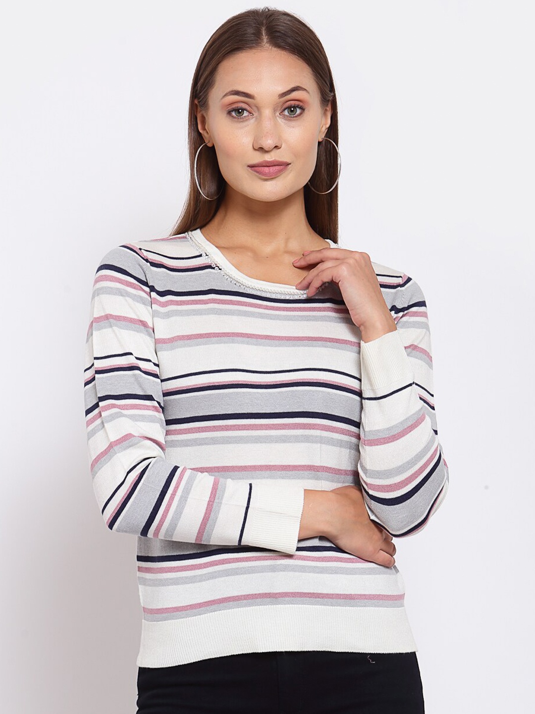 

KLOTTHE Women White & Pink Striped Woolen Pullover