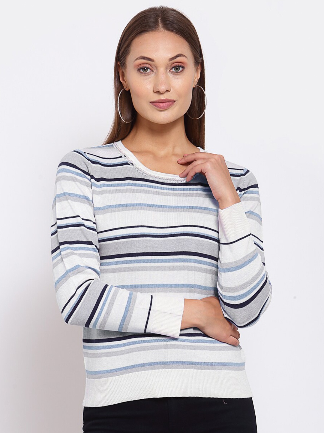 

KLOTTHE Women White & Blue Striped Woolen Pullover