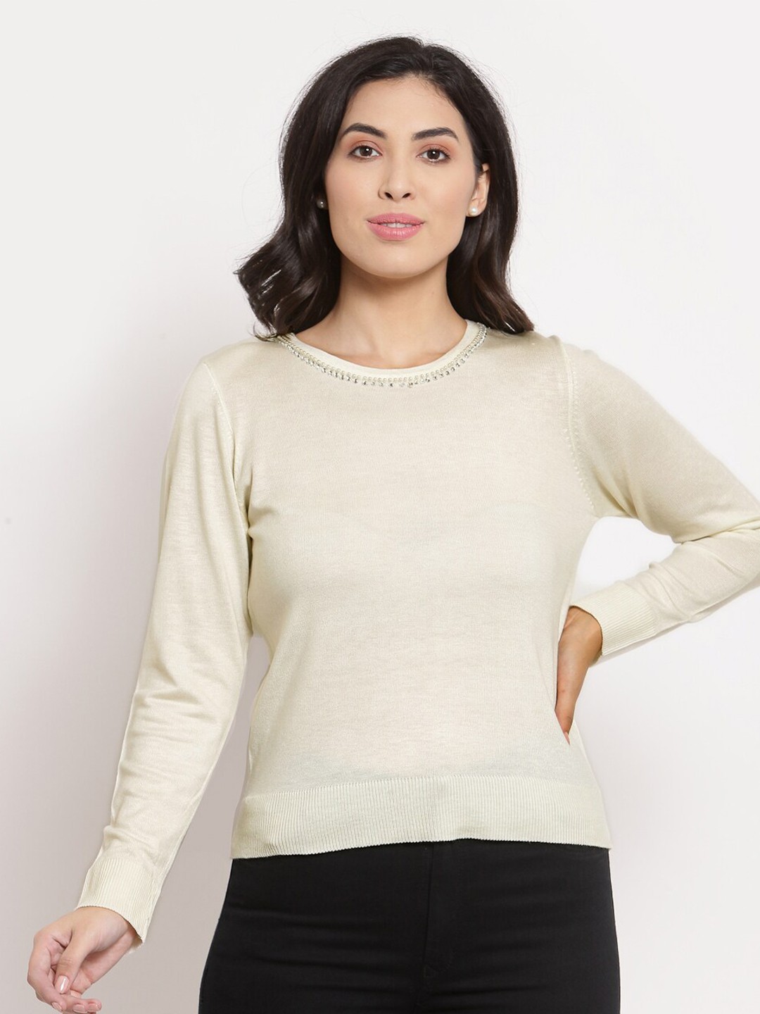 

KLOTTHE Women Cream-Coloured Wool Pullover Sweater