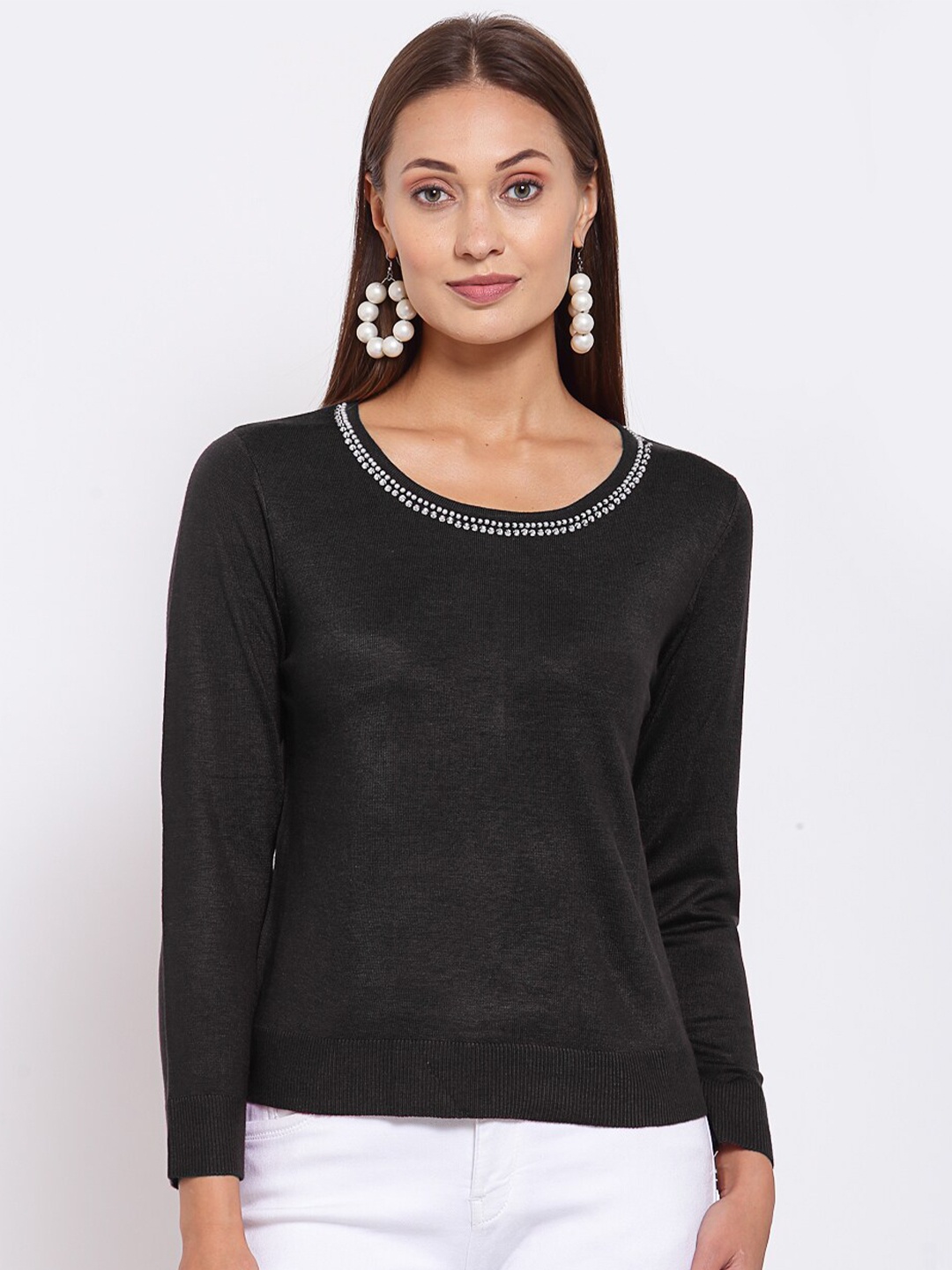

KLOTTHE Women Black & White Pullover with Embellished Detail