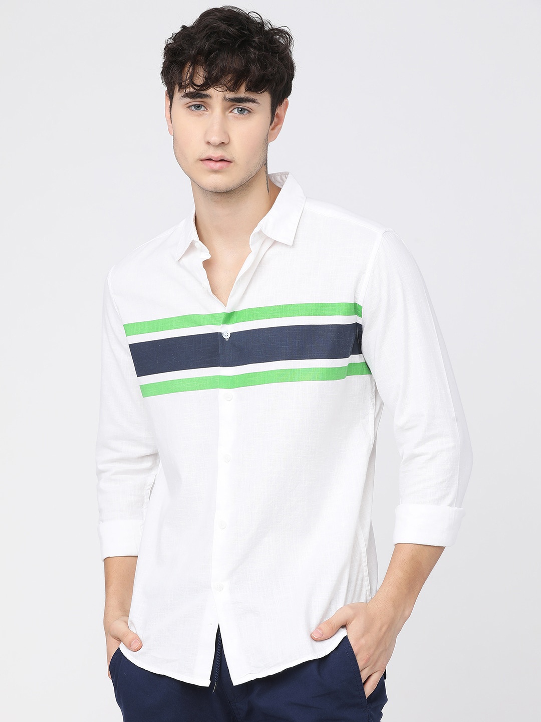 

KETCH Men White Slim Fit Horizontal Striped Casual Shirt