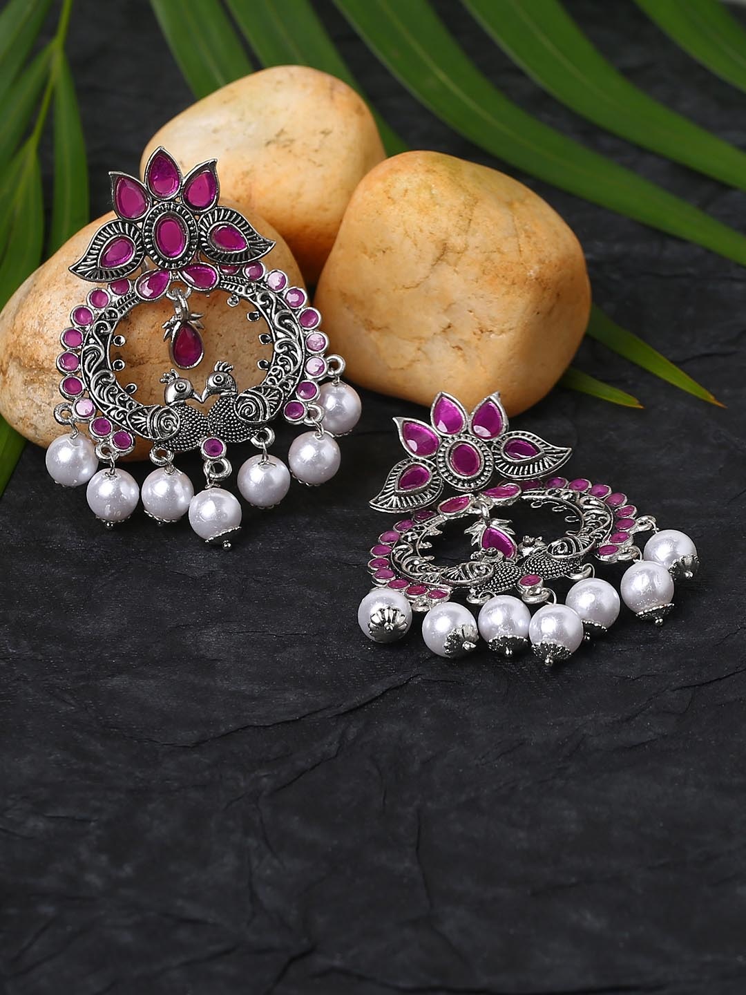 

justpeachy Silver-Plated & Magenta Peacock Shaped Danglers Earrings