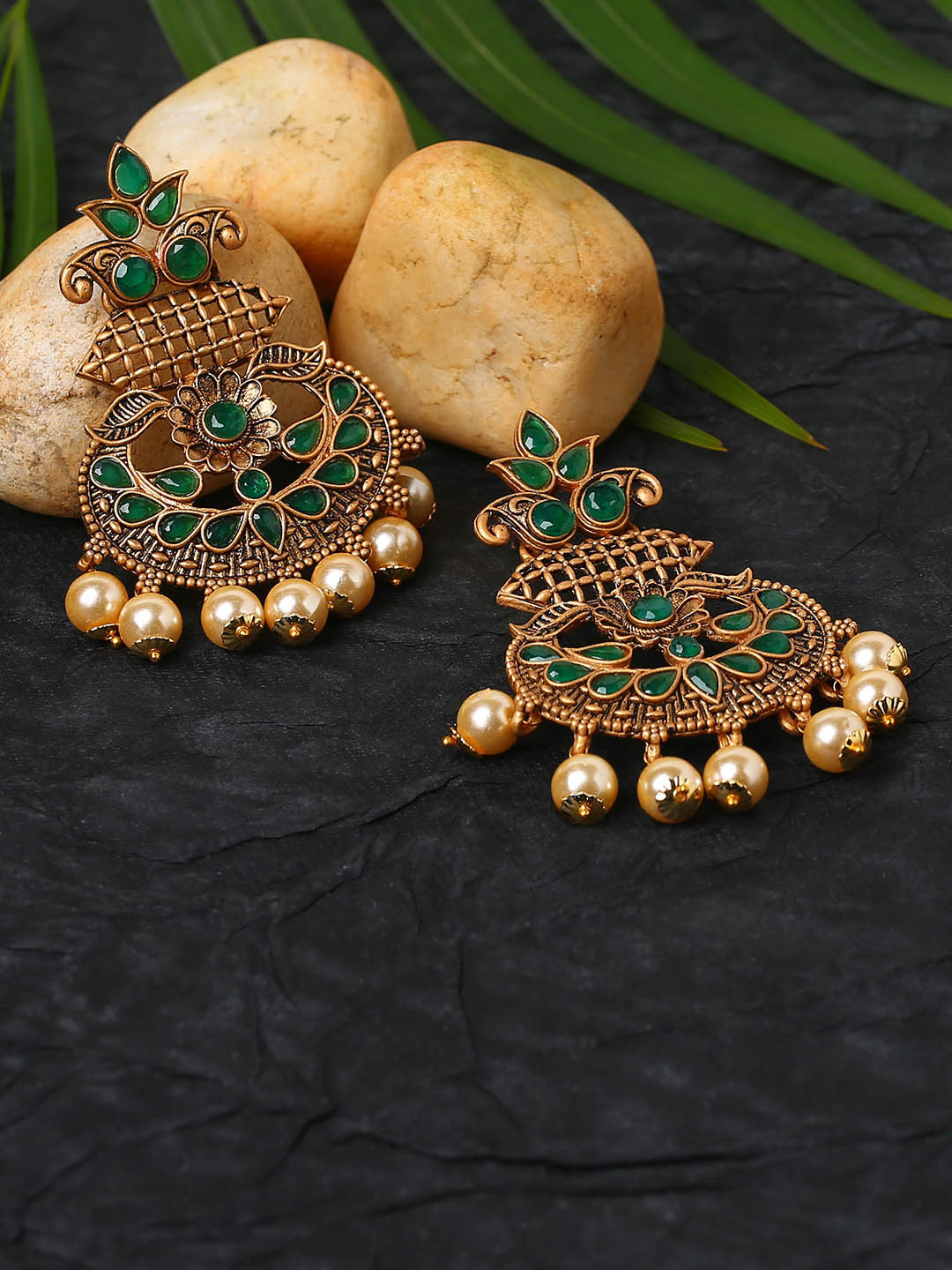 

justpeachy Green & Gold-Plated Crescent Shaped Danglers Earrings