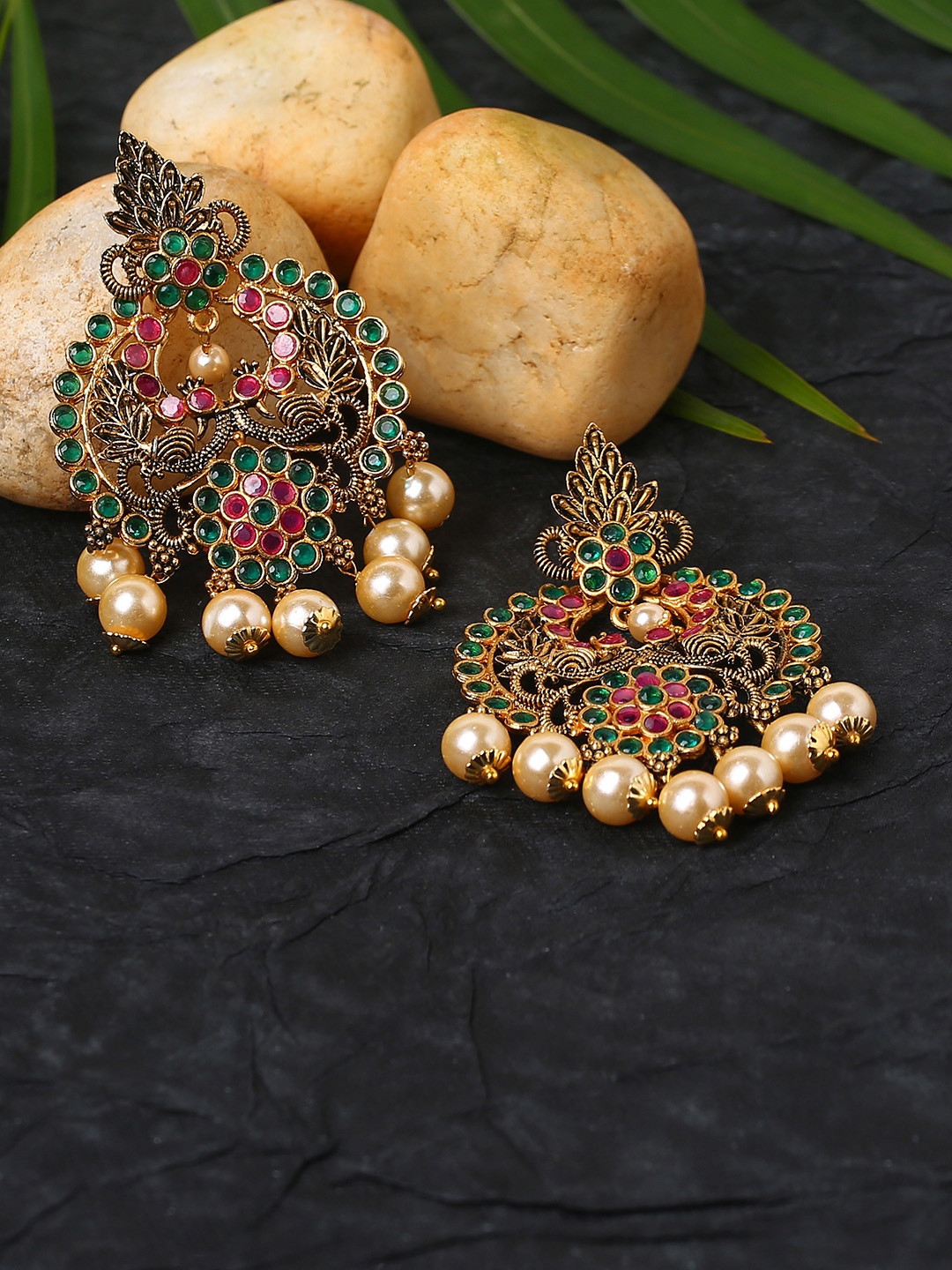 

justpeachy Gold-Toned & Green Contemporary Chandbalis Earrings