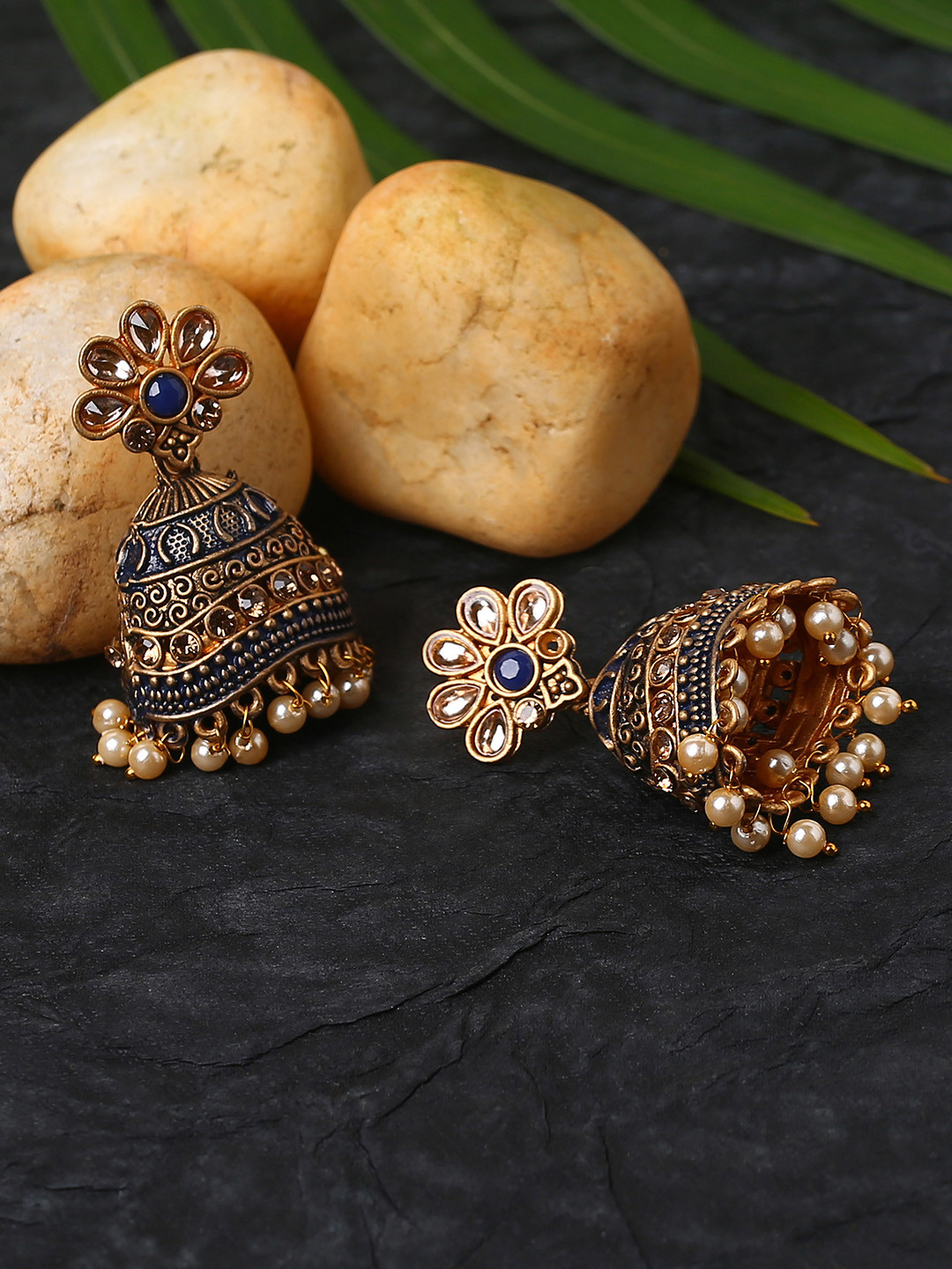 

justpeachy Blue & Gold-Plated Contemporary Jhumkas Earrings