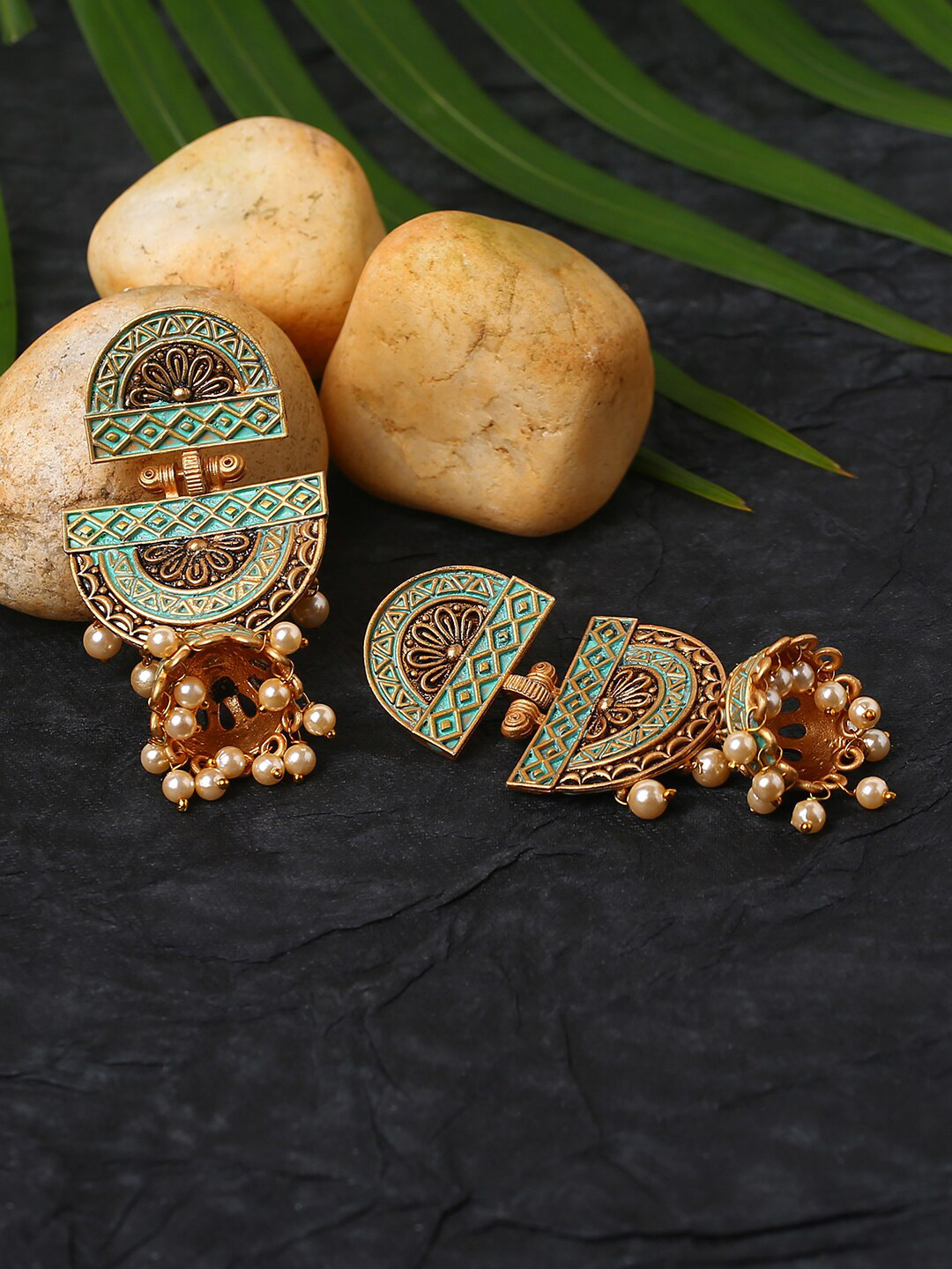 

justpeachy Gold-Toned & Green Geometric Textured Jhumka Earrings