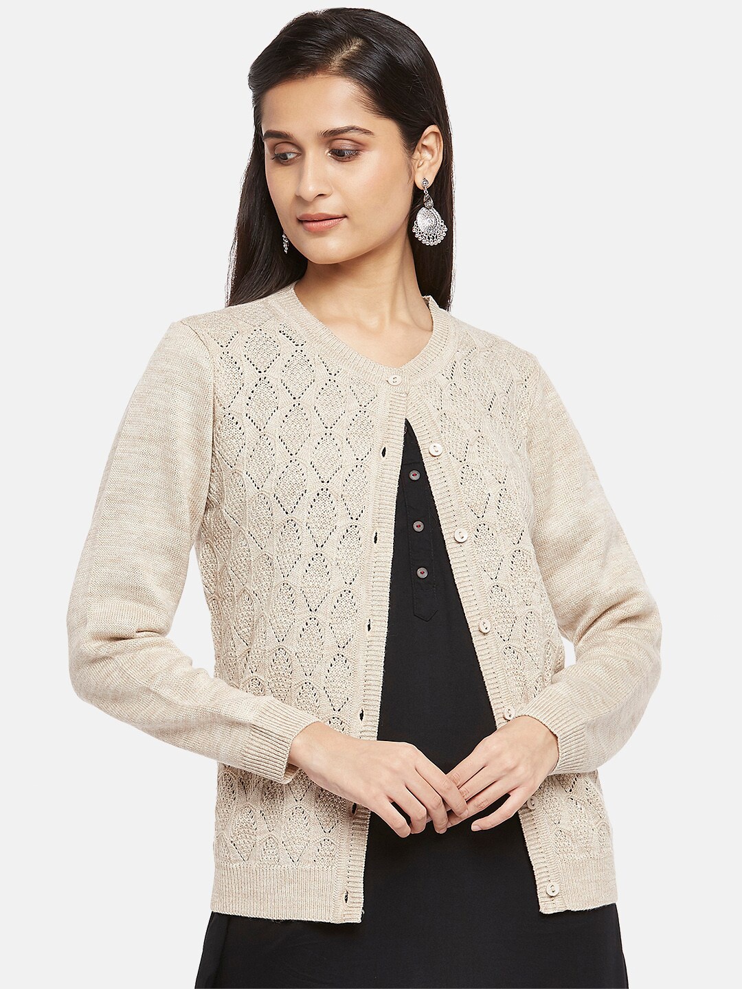 

RANGMANCH BY PANTALOONS Women Beige Cable Knit Pure Acrylic Cardigan