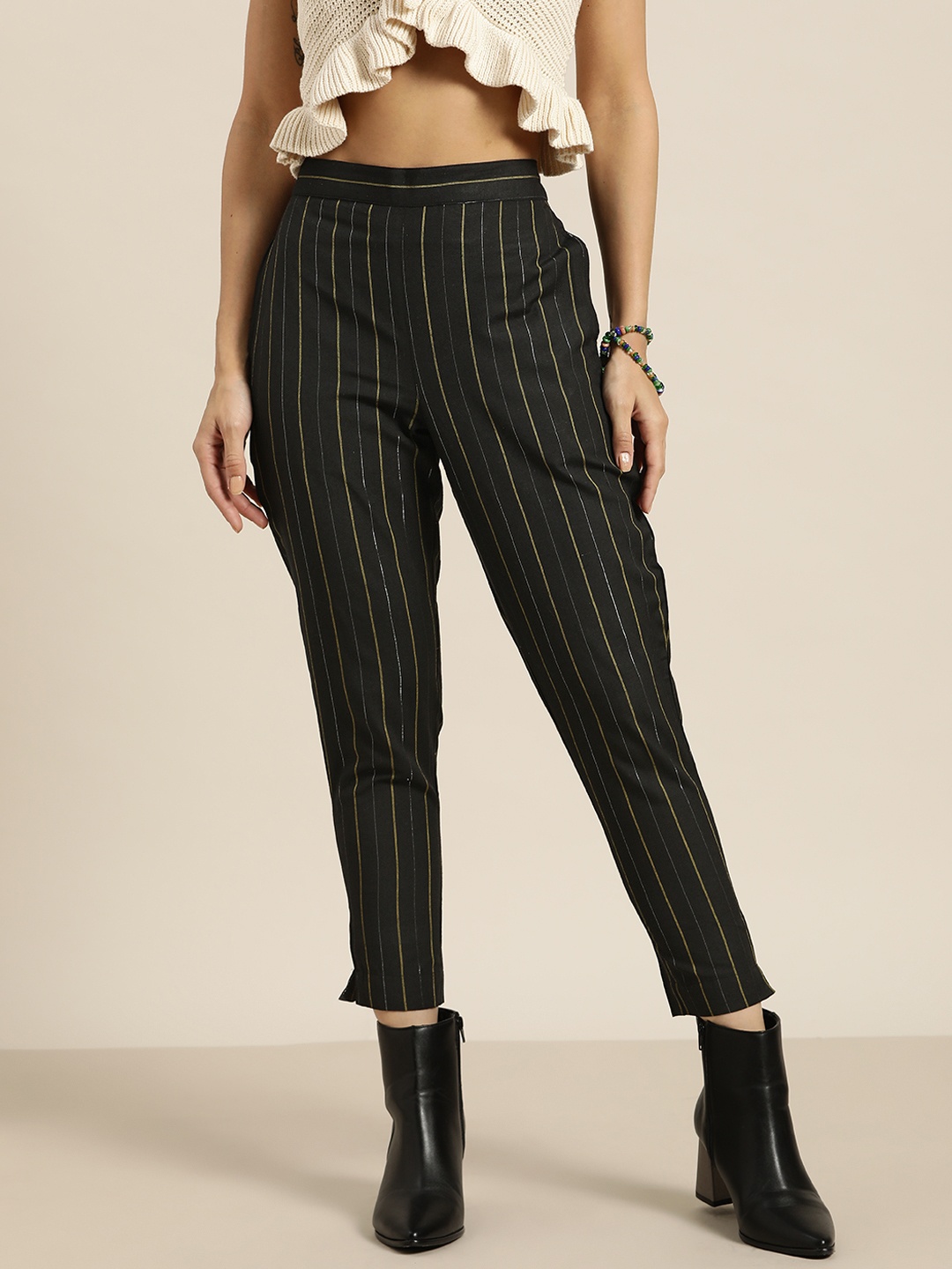 

Sangria Women Black & Olive Green Striped Trousers