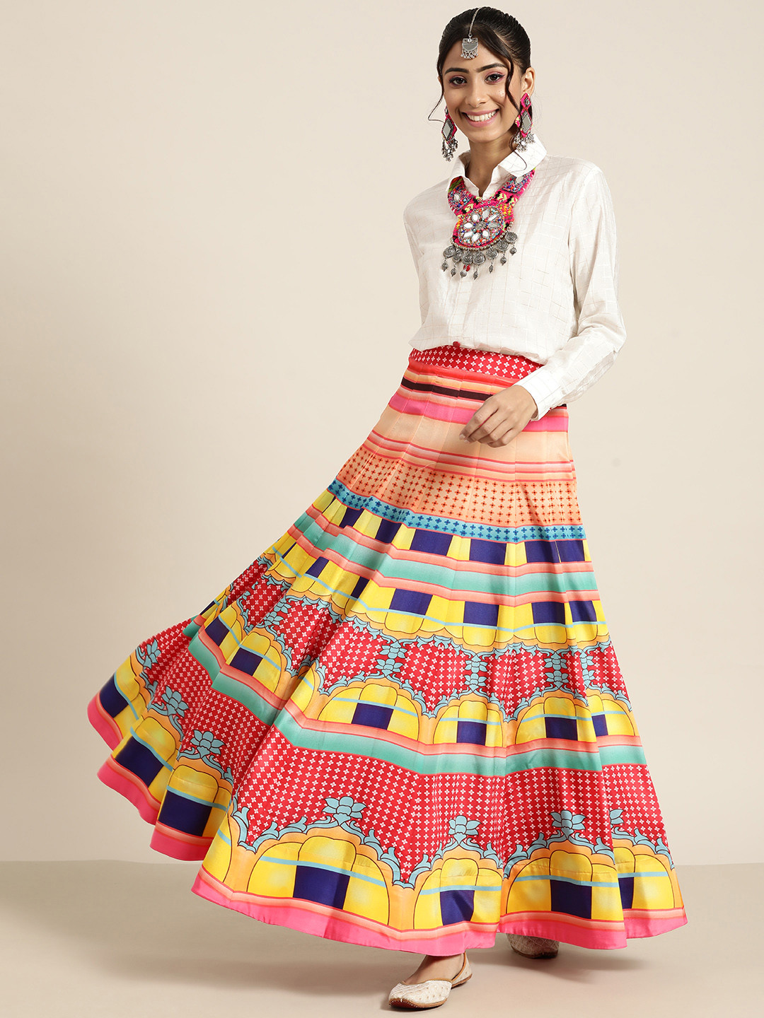 

Sangria Multicoloured & White Digital Printed Ready to Wear Fusion Lehenga & Checked Top, Multi