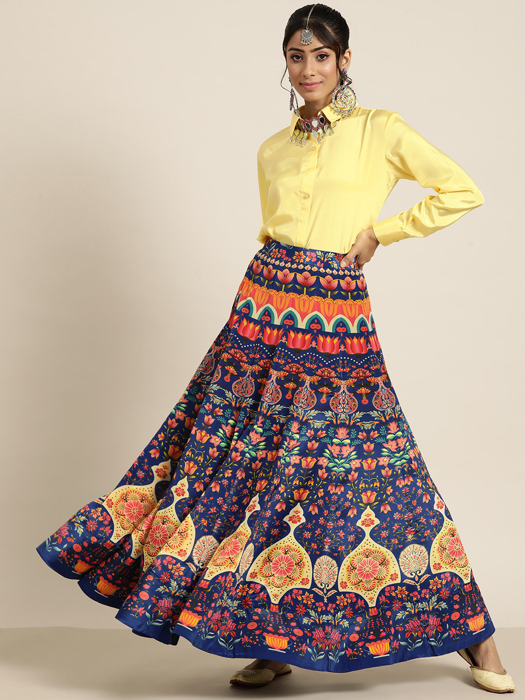 

Sangria Navy Blue & Yellow Floral Digital Printed Ready to Wear Fusion Lehenga & Top