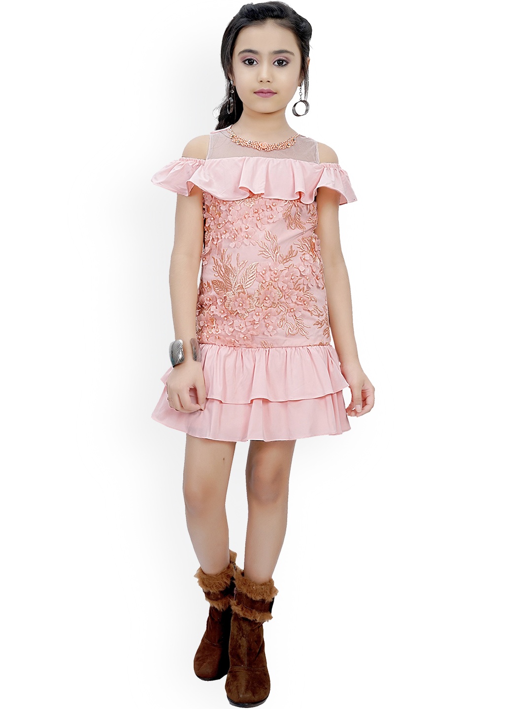 

Tiny Girl Peach-Coloured Embellished Georgette Drop-Waist Dress