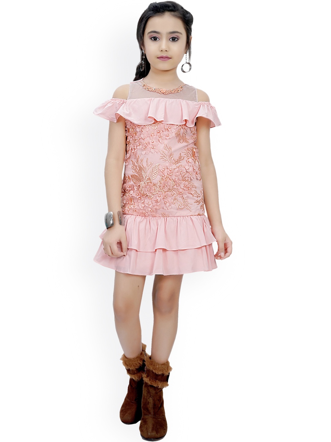 

Tiny Girl Peach-Coloured & Gold-Toned Georgette Drop-Waist Dress