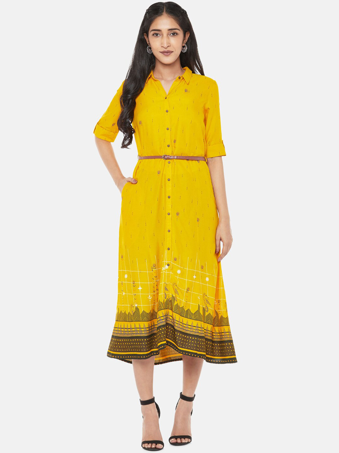 

AKKRITI BY PANTALOONS Women Mustard Yellow & Brown Printed Belted Shirt Midi Dress
