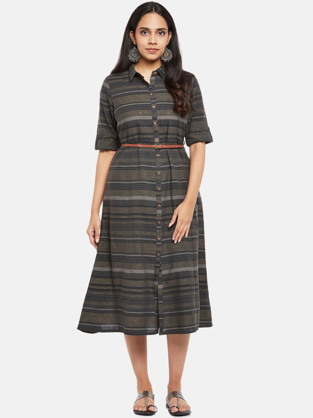 

AKKRITI BY PANTALOONS Charcoal Checked Shirt Midi Dress