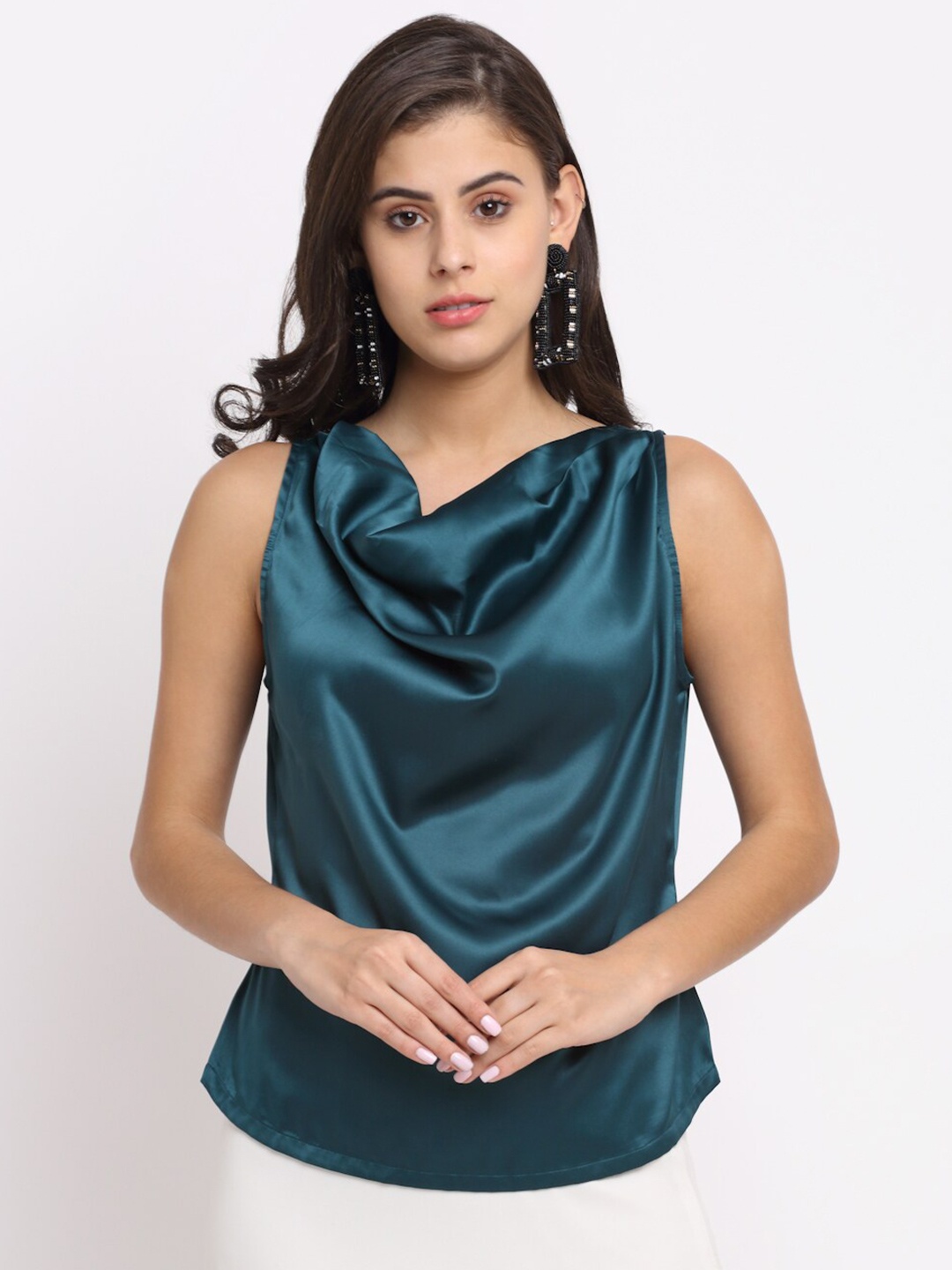 

NEUDIS Teal Cowl Neck Sheen Satin Regular Top