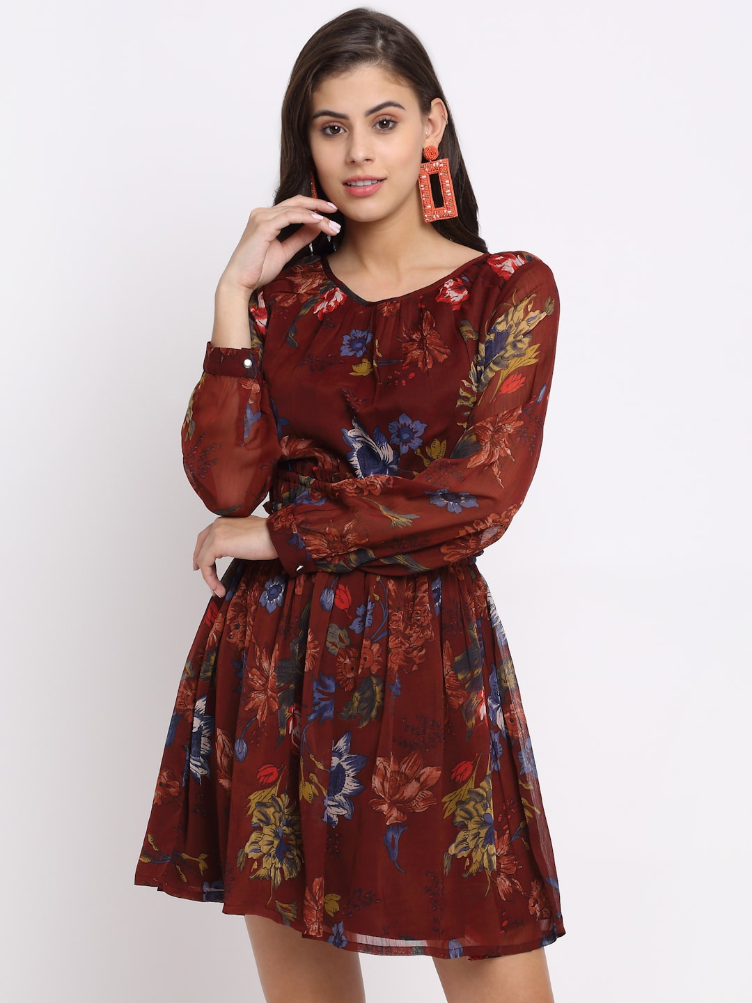 

NEUDIS Brown Floral Chiffon Dress