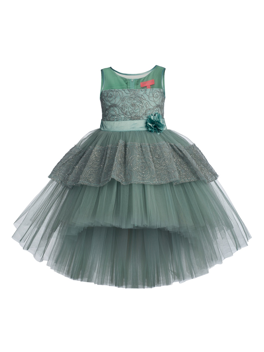 

Toy Balloon kids Green Floral Embroidered Layered Net Dress